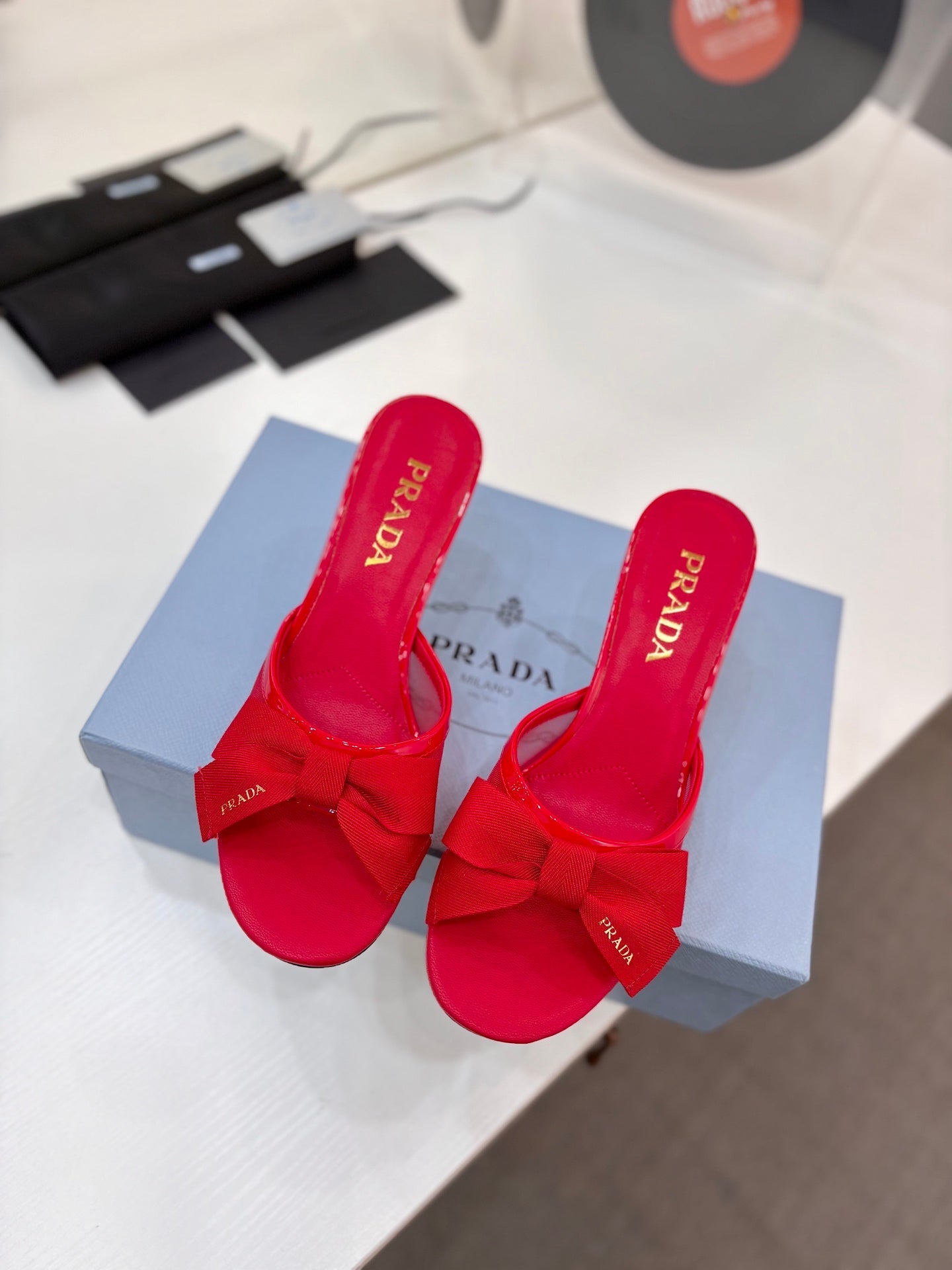 Prada Mesh 7.5cm Red Fabric Mules 834603