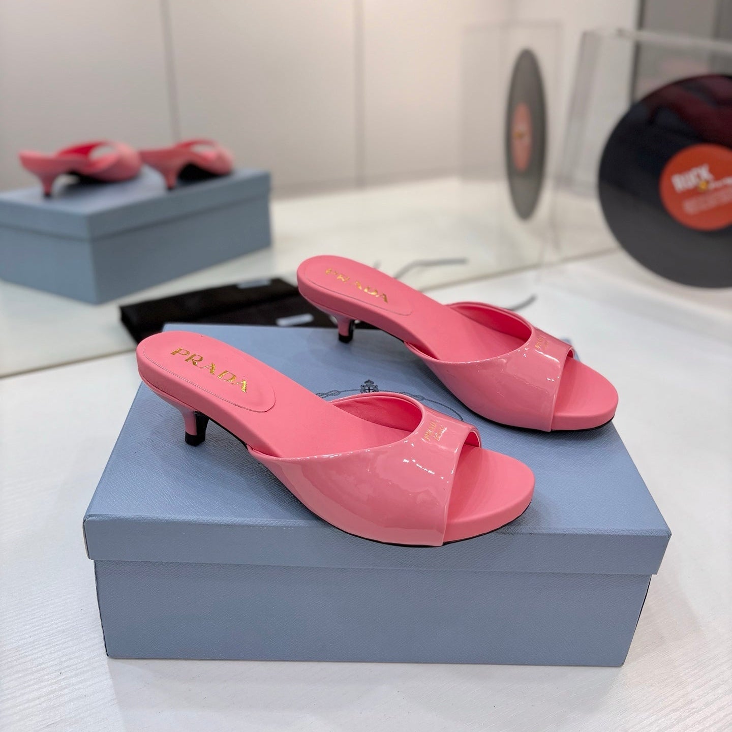 Prada Kitten Heel Sandals 4cm Pink Patent Leather 834582