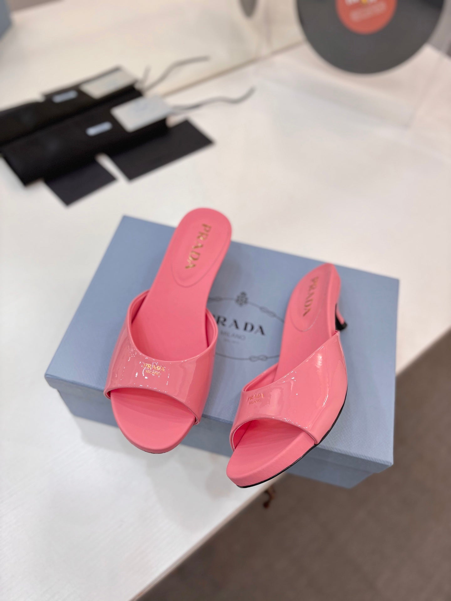 Prada Kitten Heel Sandals 4cm Pink Patent Leather 834582