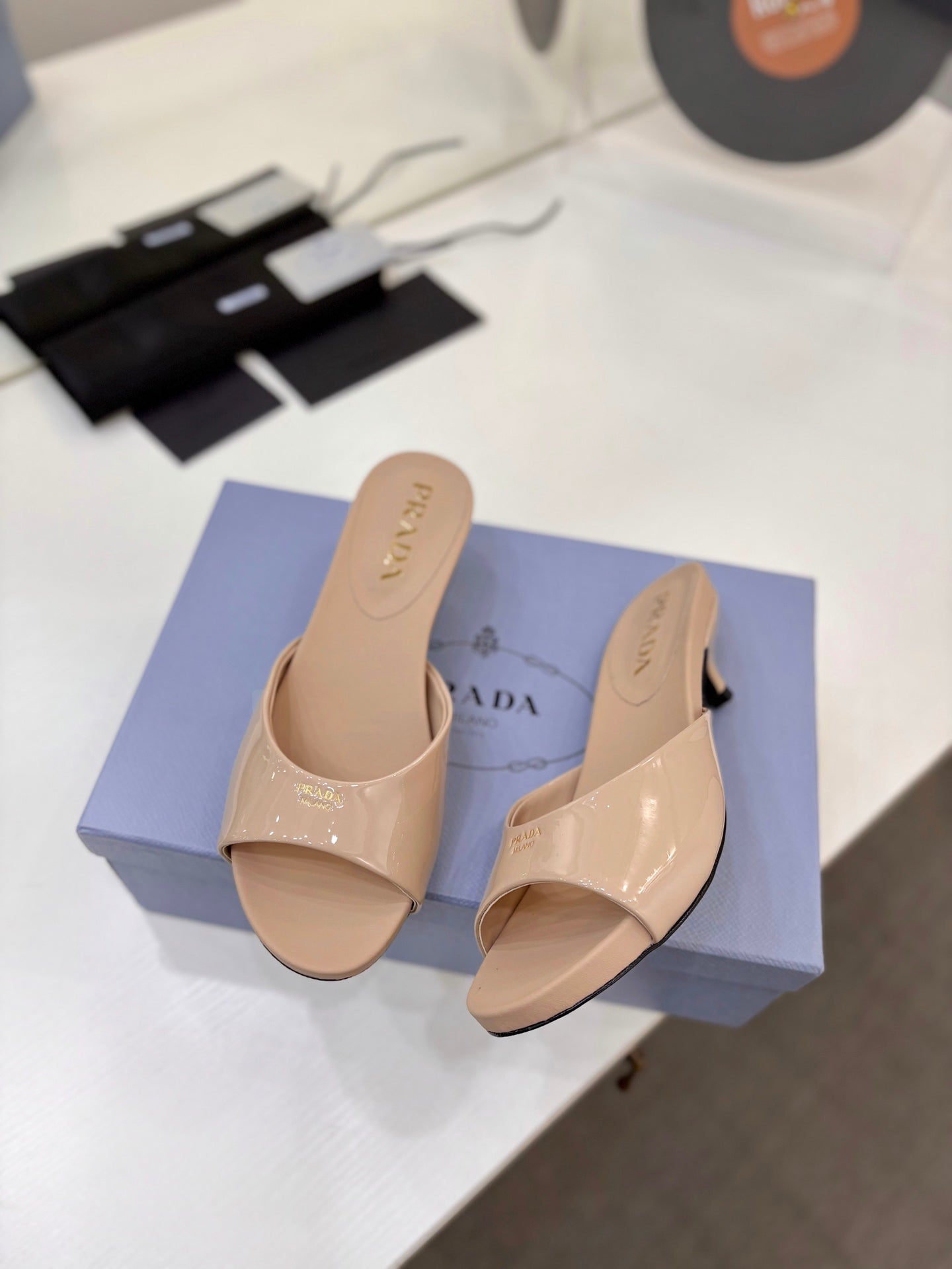 Prada Kitten Heel Sandals 4cm Beige Patent Leather 834583