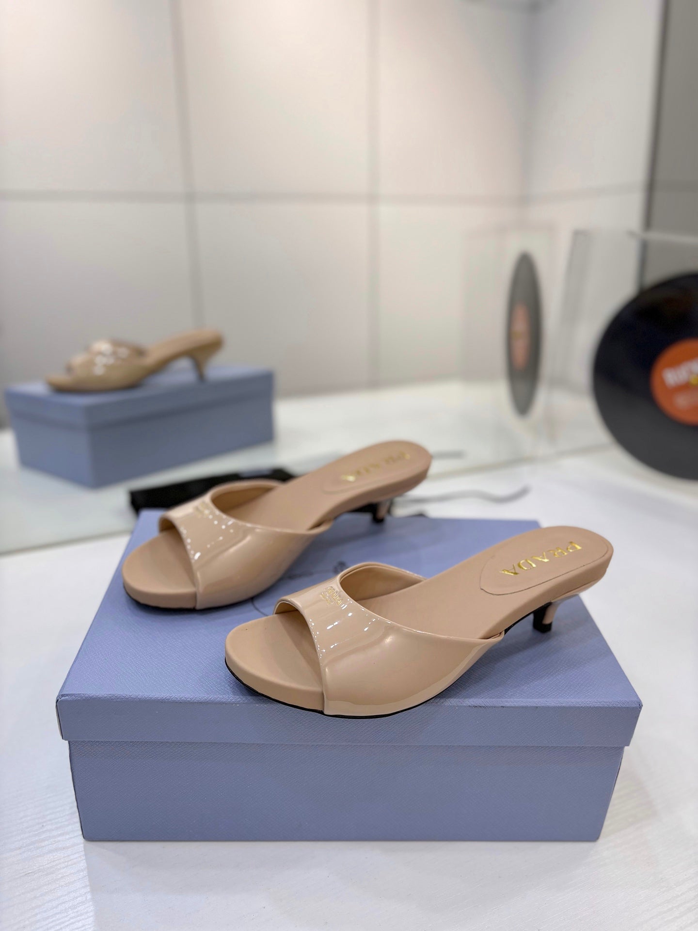 Prada Kitten Heel Sandals 4cm Beige Patent Leather 834583