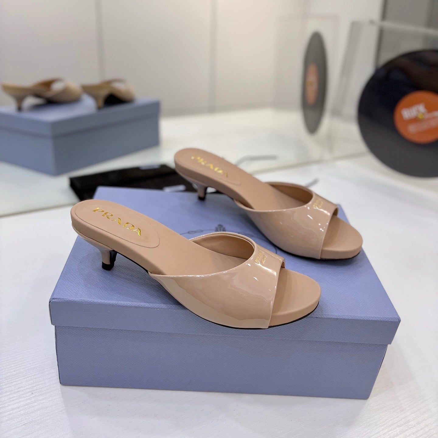 Prada Kitten Heel Sandals 4cm Beige Patent Leather 834583