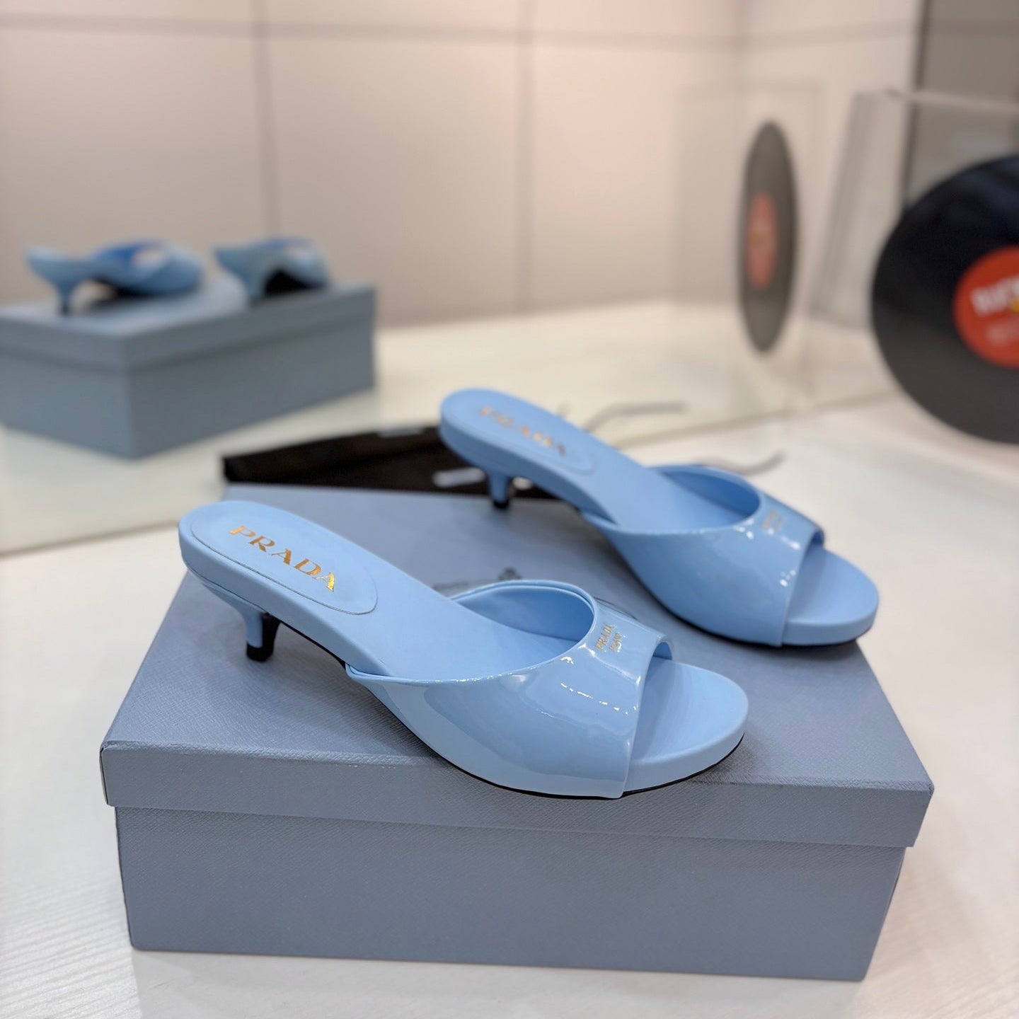 Prada Kitten Heel Sandals 4cm Light Blue Patent Leather 834599