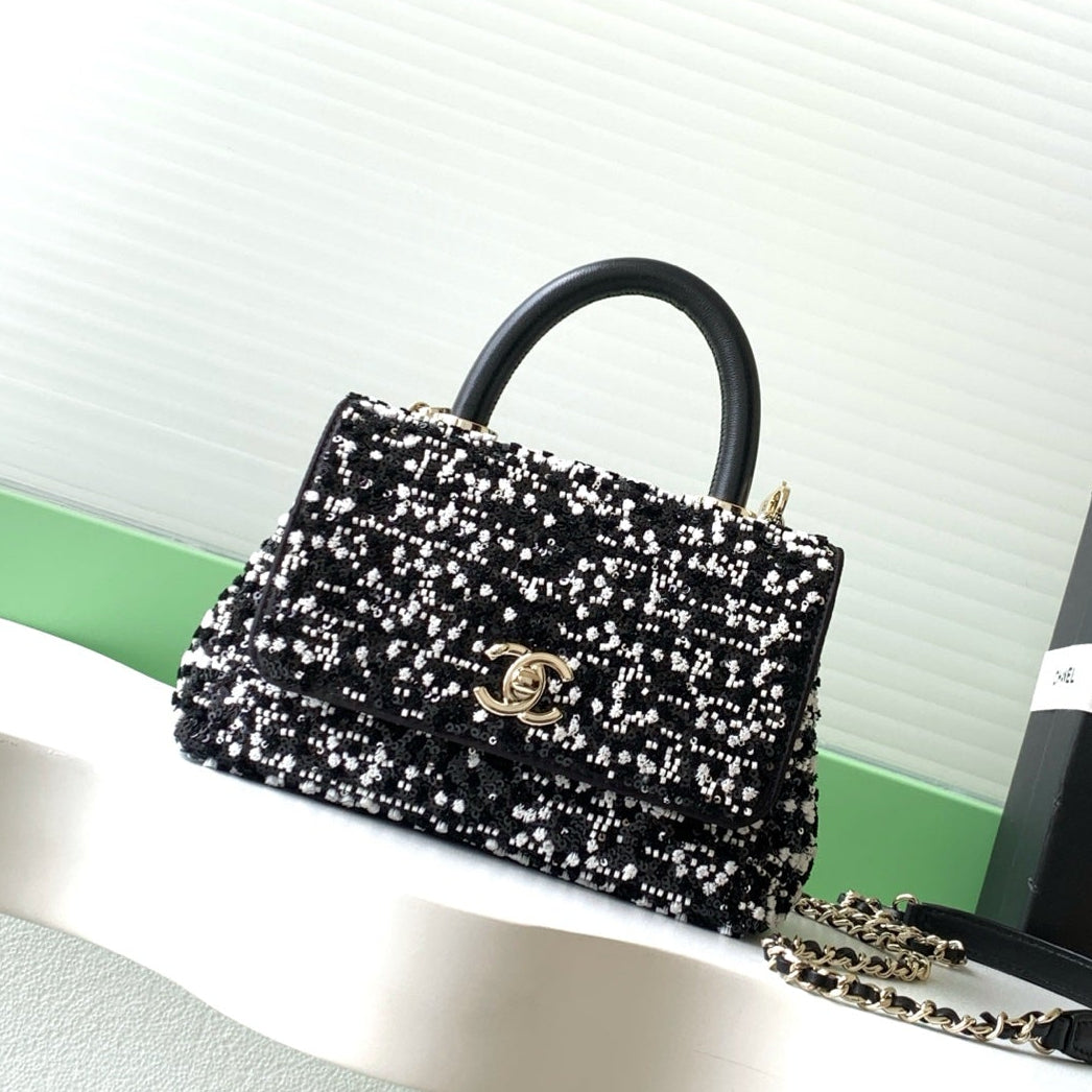 Chanel 2026 Top Handle Bag 19cm Black White Sequin Leather