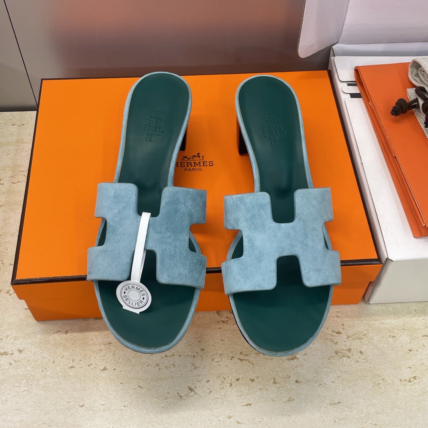HM 26ss  Oran Sandals 45 Blue Fresh Green Suede Cowhide 607220
