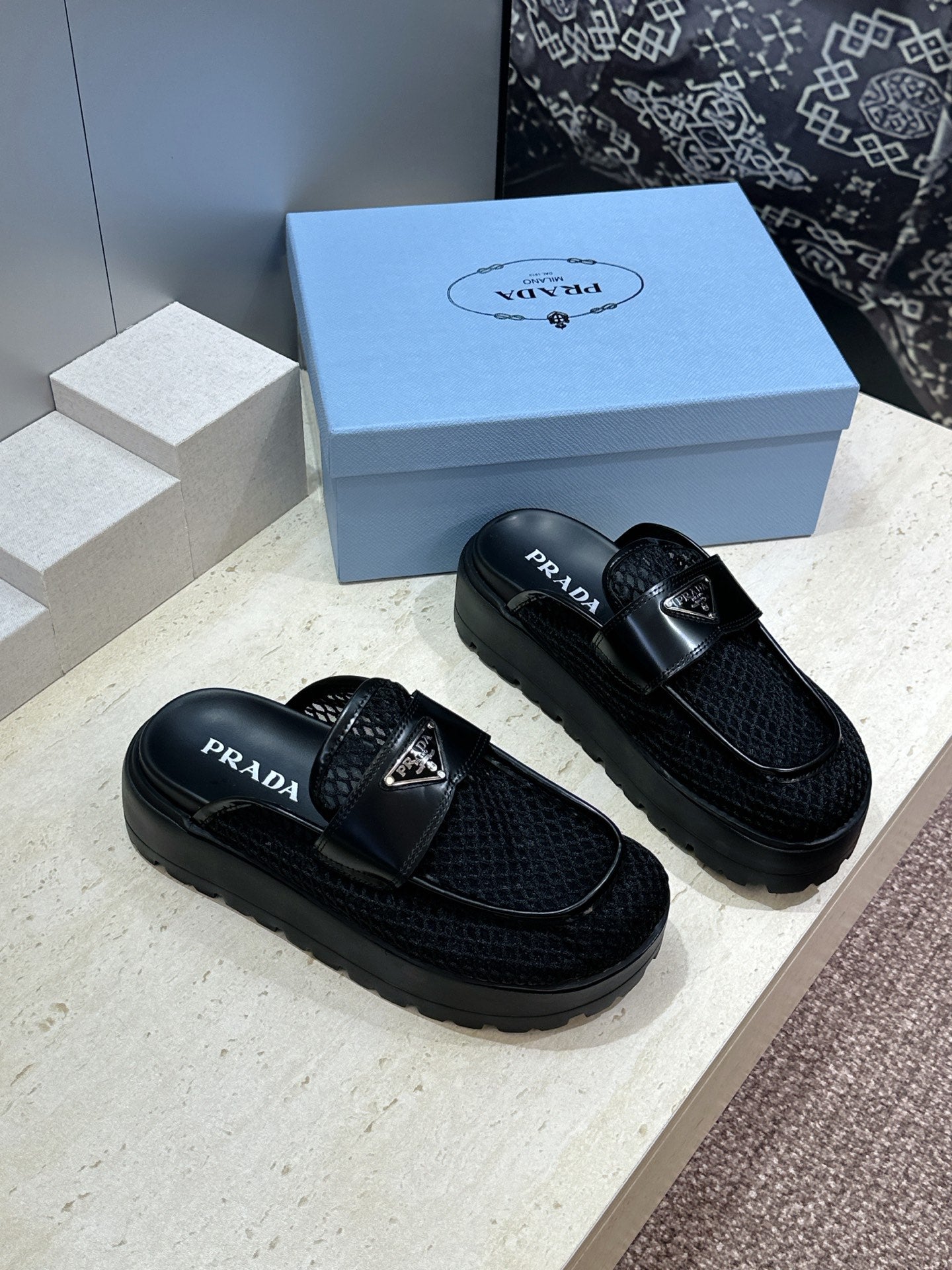 Prada 26s Mule Loafers In Black Mesh And Calfskin