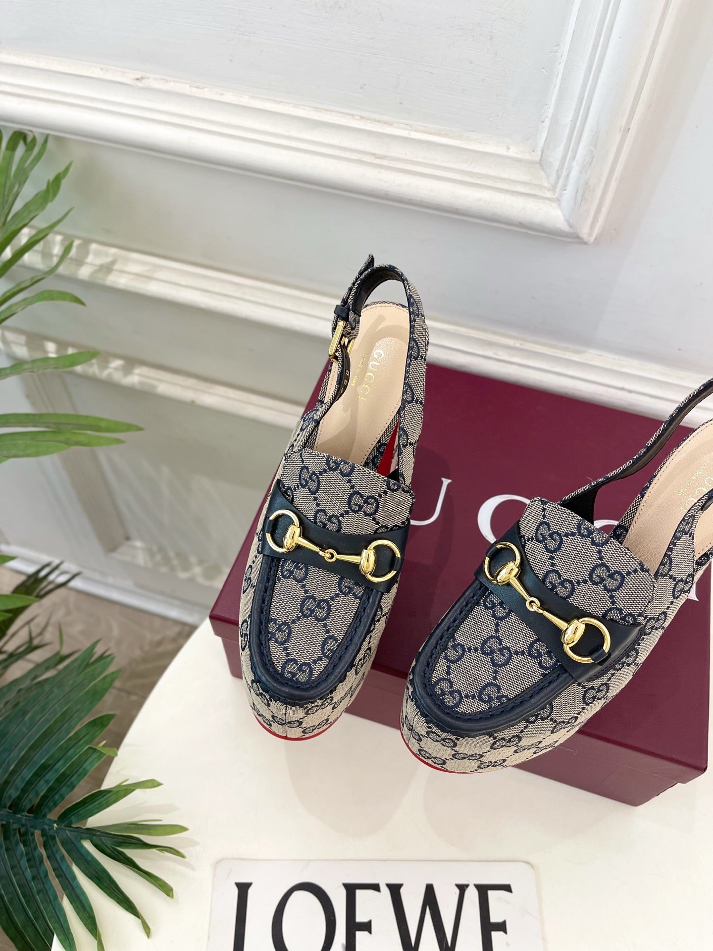 GG 26SS Platform Sandals 130 Gray Blue Monogram Fabric Sheepskin 640266