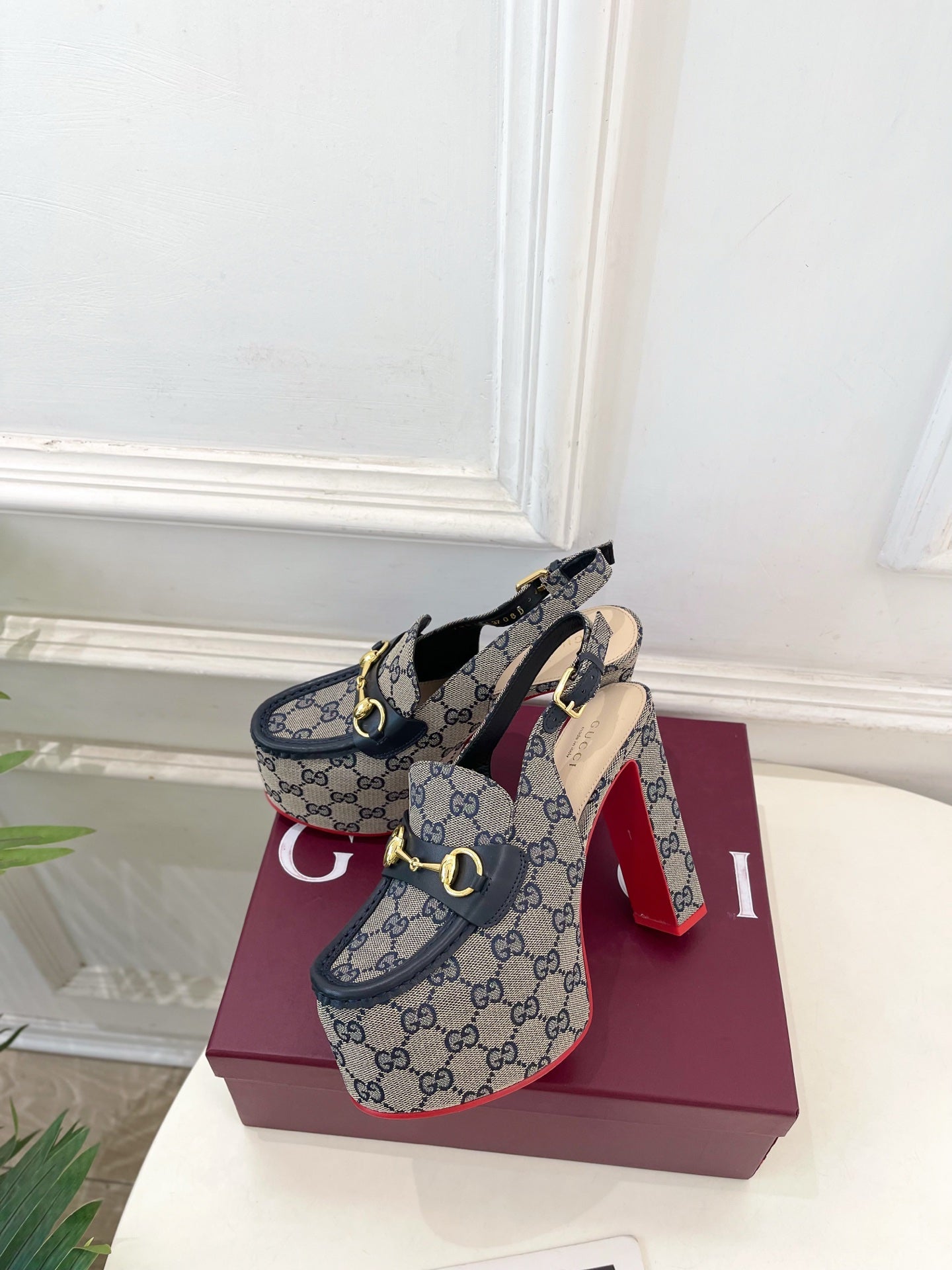 GG 26SS Platform Sandals 130 Gray Blue Monogram Fabric Sheepskin 640266
