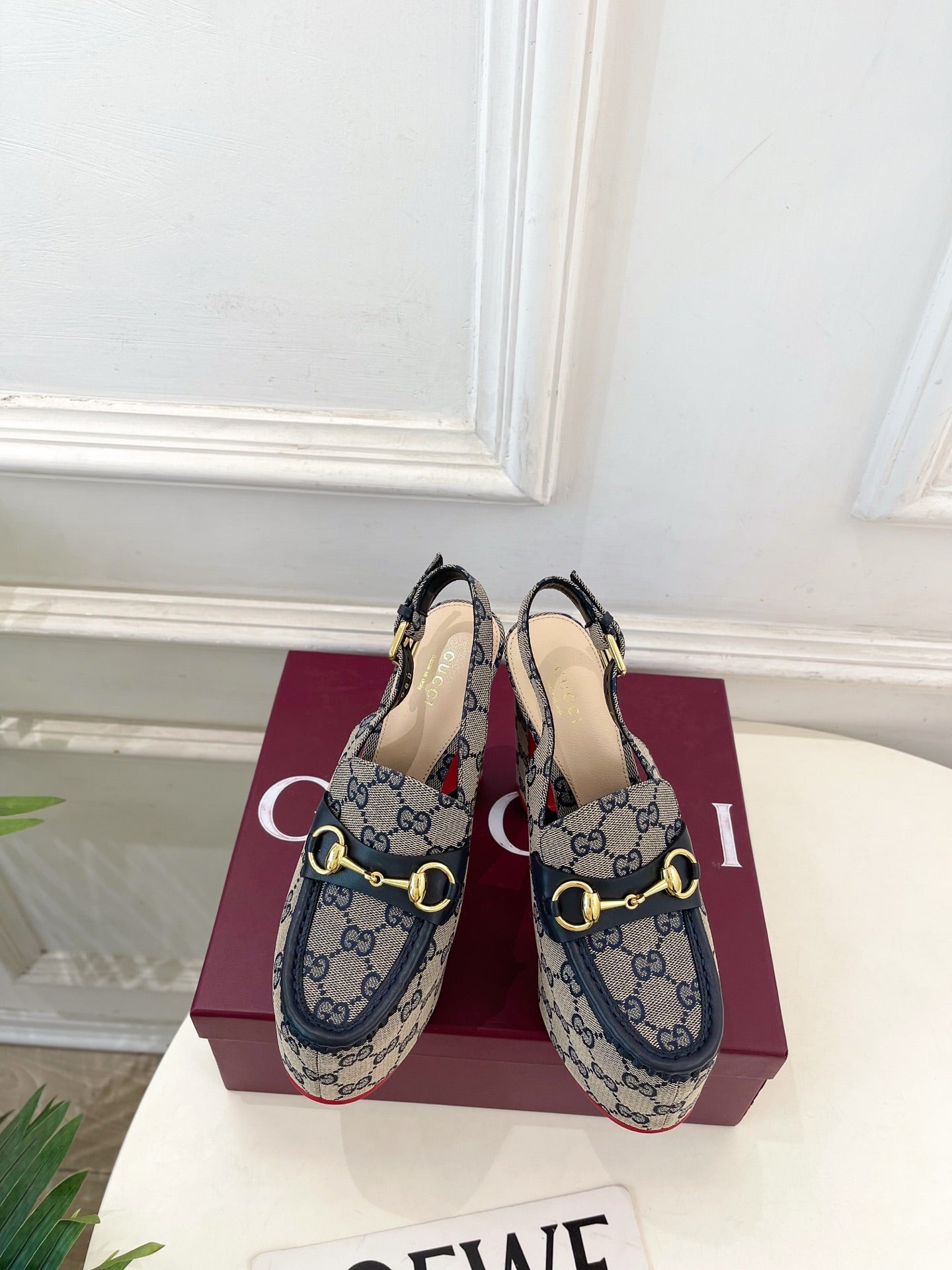 GG 26SS Platform Sandals 130 Gray Blue Monogram Fabric Sheepskin 640266