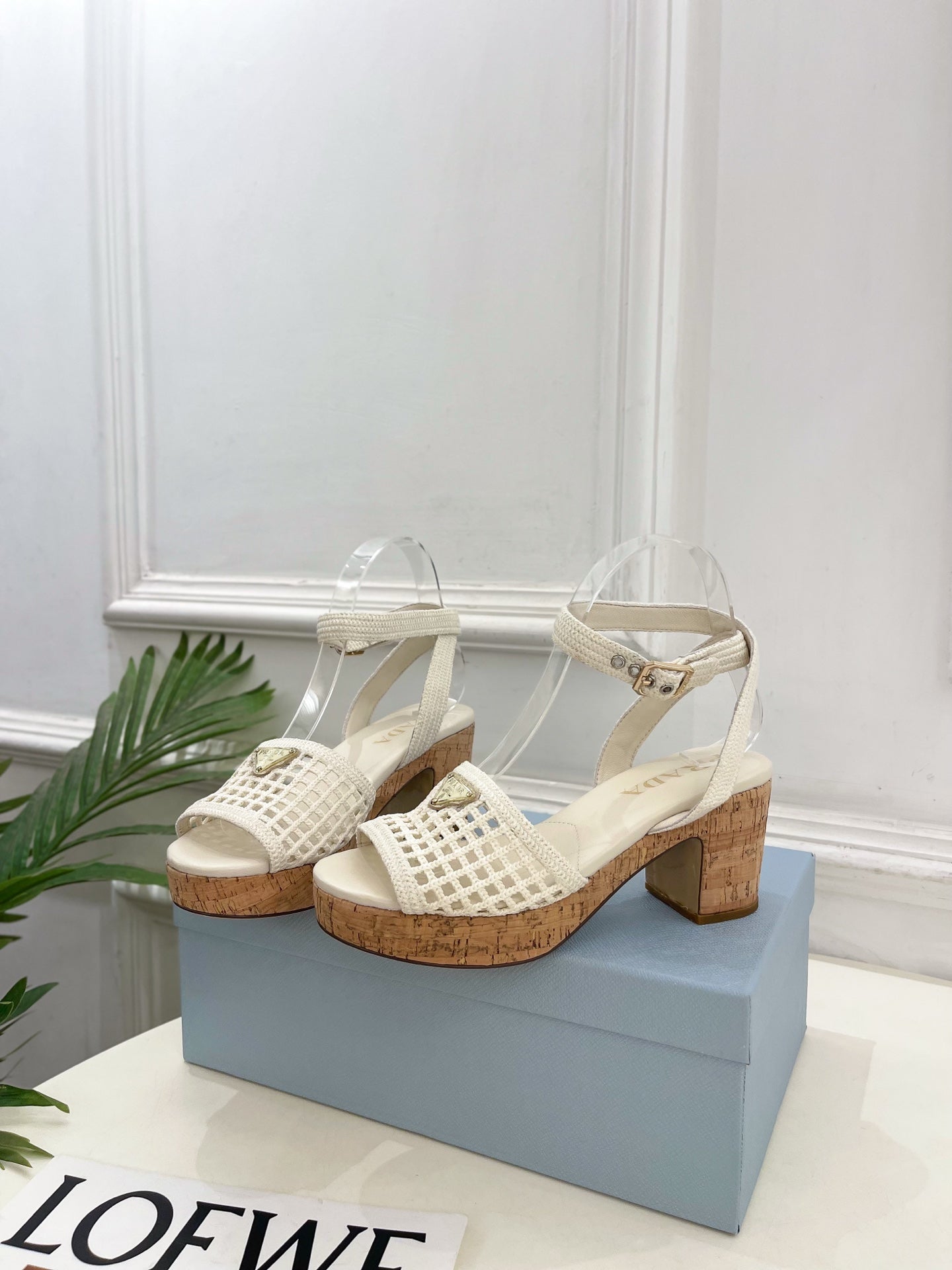 Prada Crochet Cork Platform Sandals 7cm White Crochet 947376