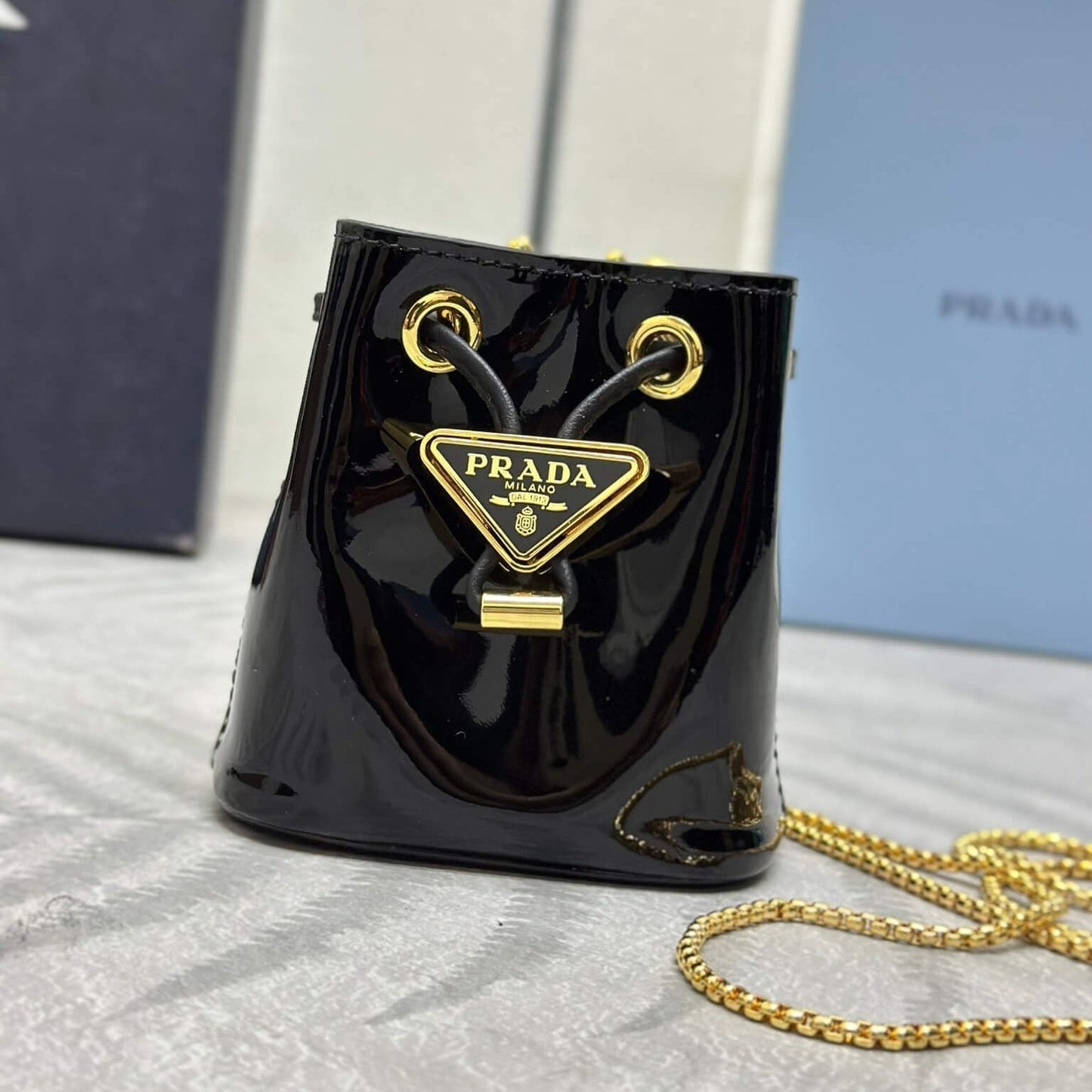Prada Logo-Plaque Mini Bag Black Patent Leather GHW