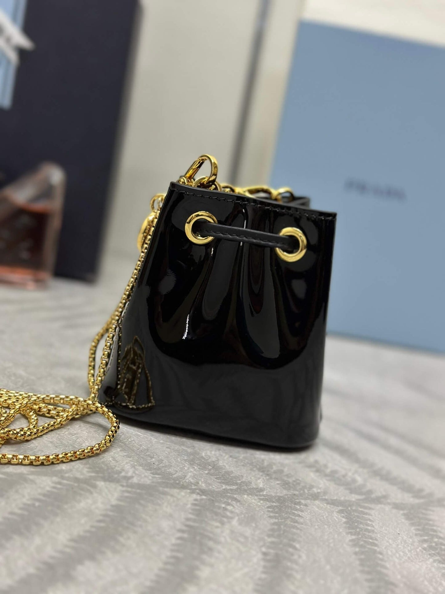 Prada Logo-Plaque Mini Bag Black Patent Leather GHW