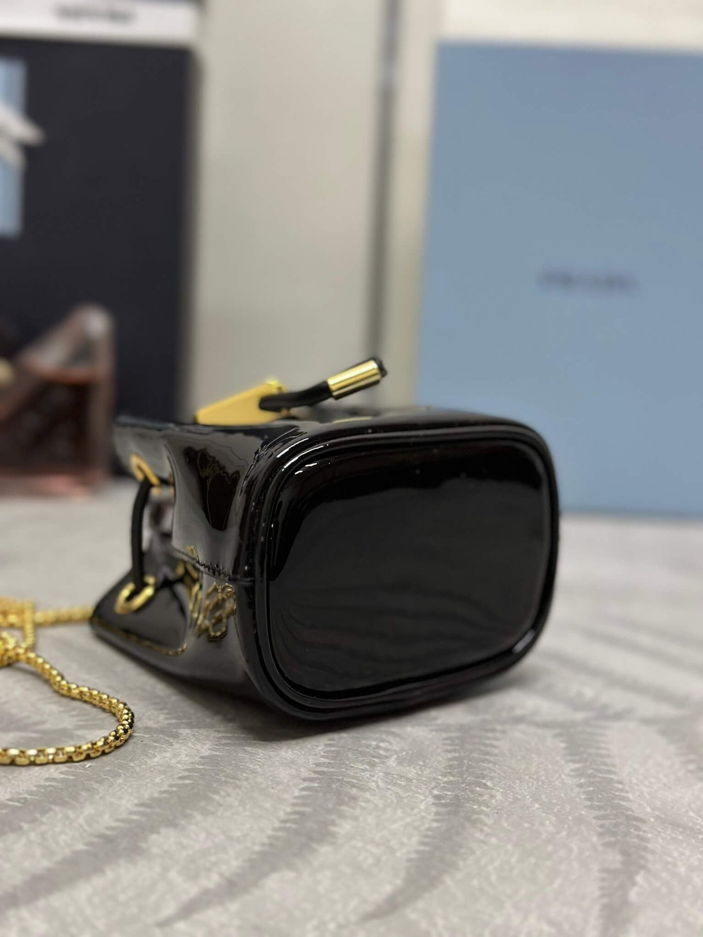 Prada Logo-Plaque Mini Bag Black Patent Leather GHW