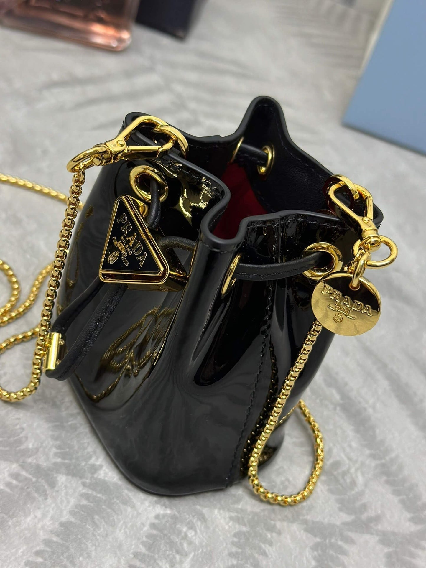 Prada Logo-Plaque Mini Bag Black Patent Leather GHW