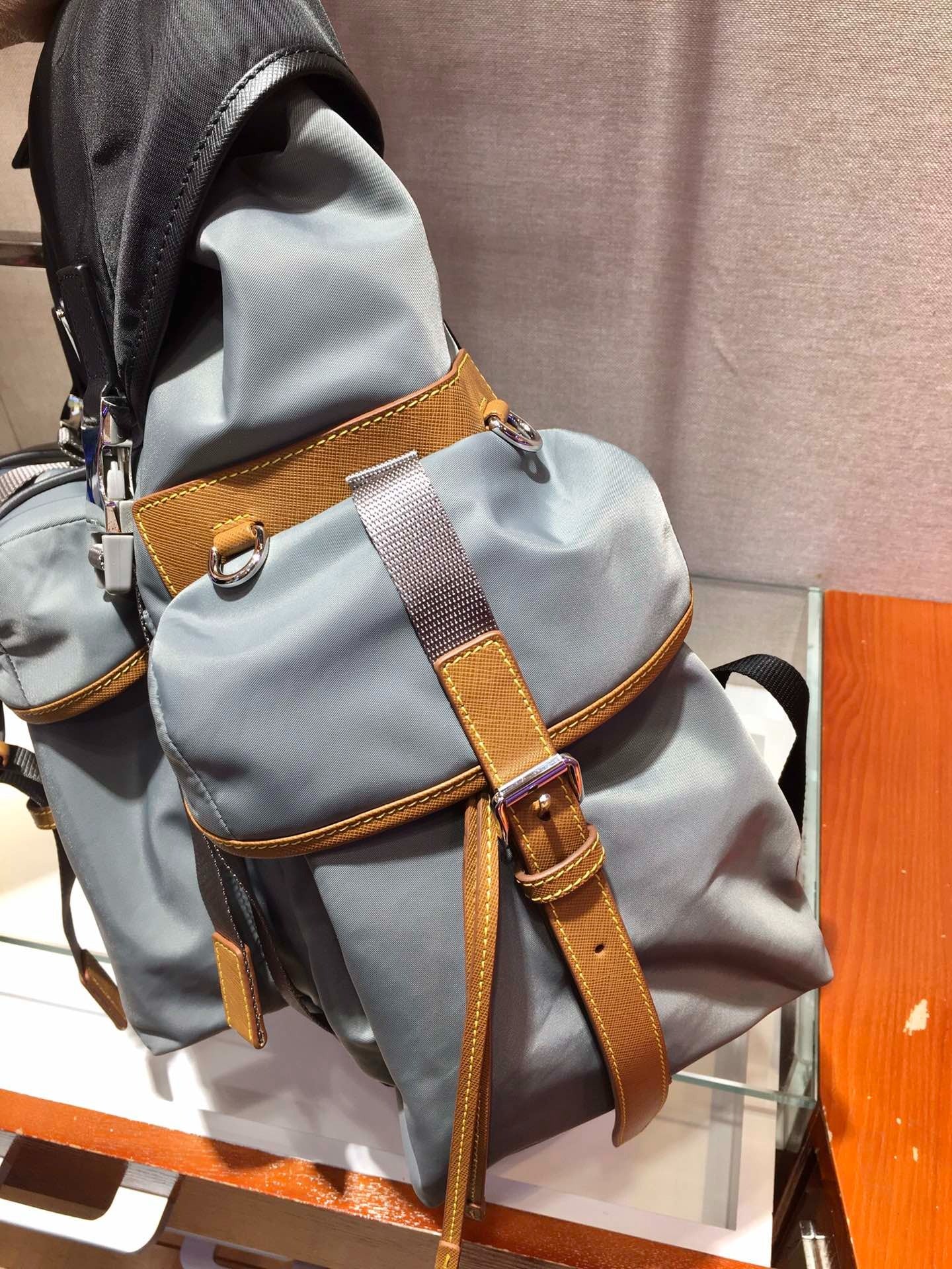 Prada 2026 Black Beige and Grey Fabric With Saffiano Leather 351880