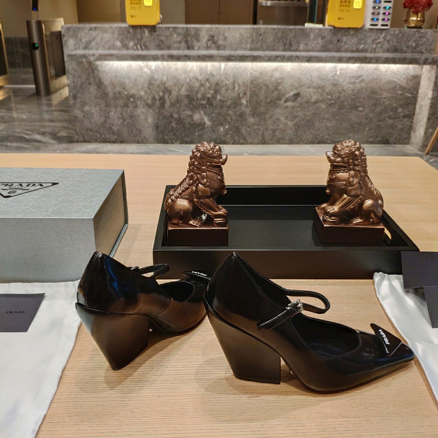 Prada Modellerie Mary Jane Pumps With Sculptural Heel Black Patent Leather