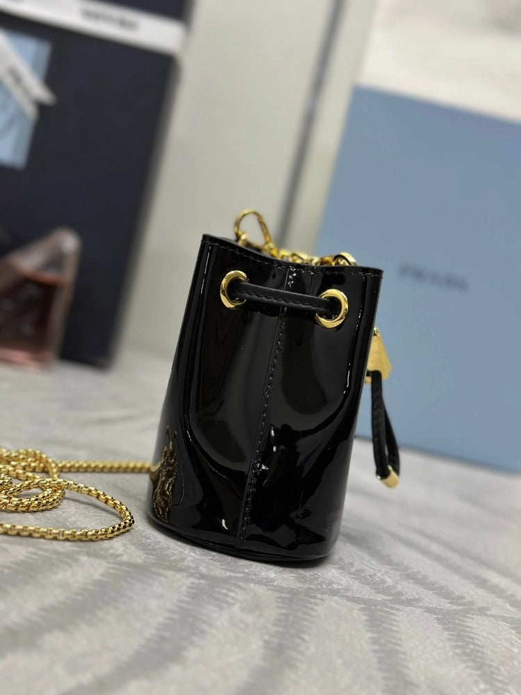 Prada Logo-Plaque Mini Bag Black Patent Leather GHW